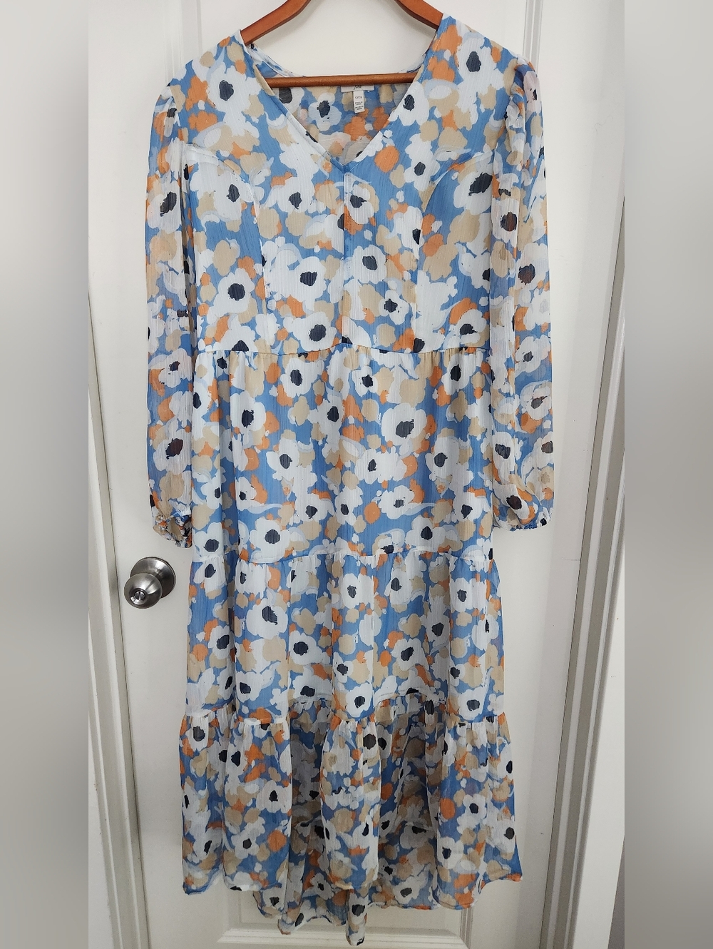 Joie Blue Floral V-Neck Midi Dress with Cream and Tan Accents